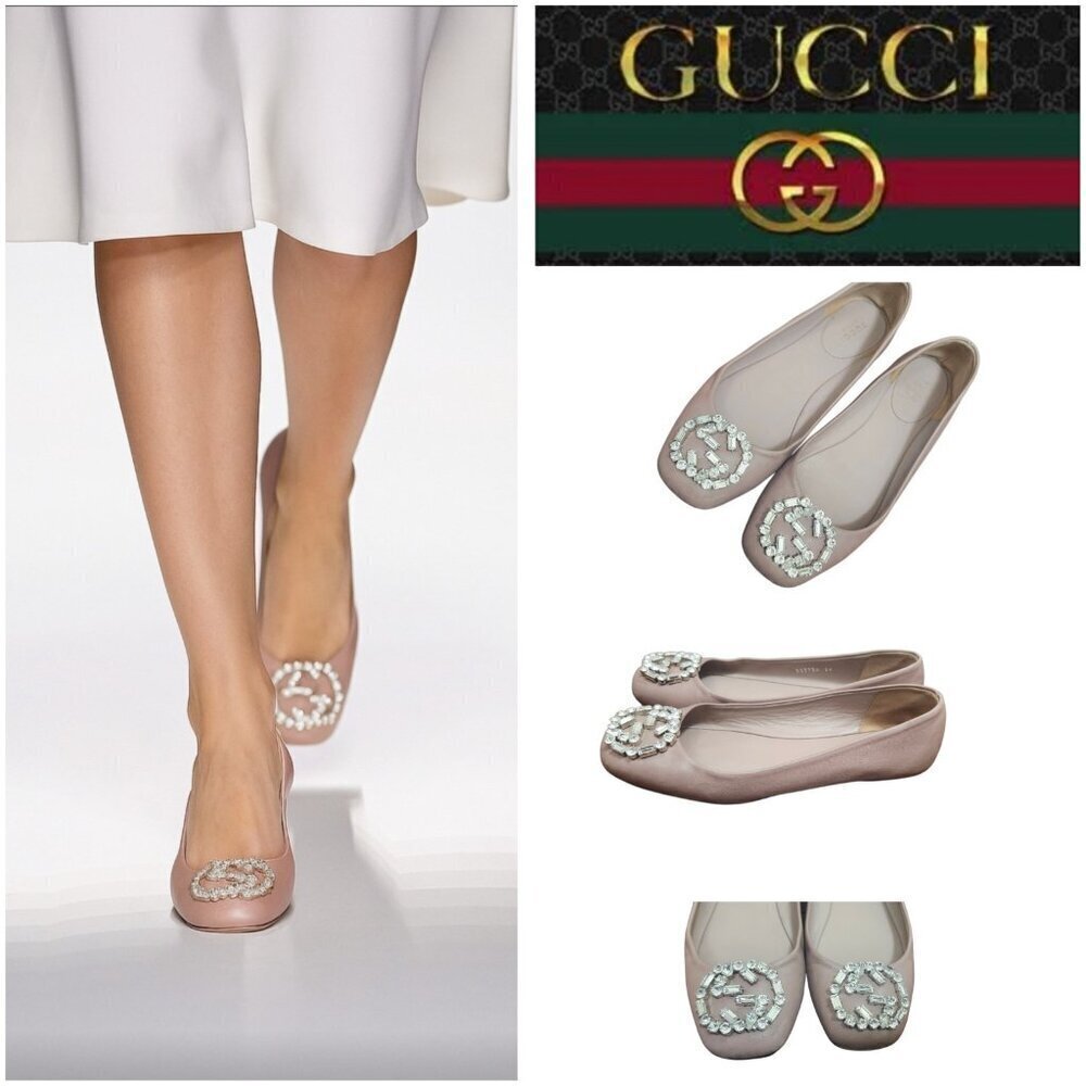 Gucci Women's Ballet Flats Pink Satin Square Toe GG Crystal Logo Designer Shoes